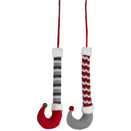 35691720 30 in. Grey & Red Plush Elf Leg Christmas Picks - Set of 2